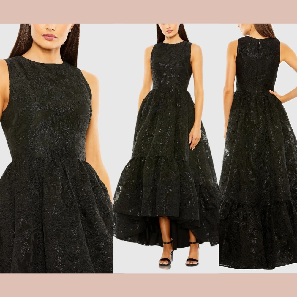 NWT $598 Mac Duggal [ 14 ] 20714 Sleeveless High Low Brocade Gown in Black S2152